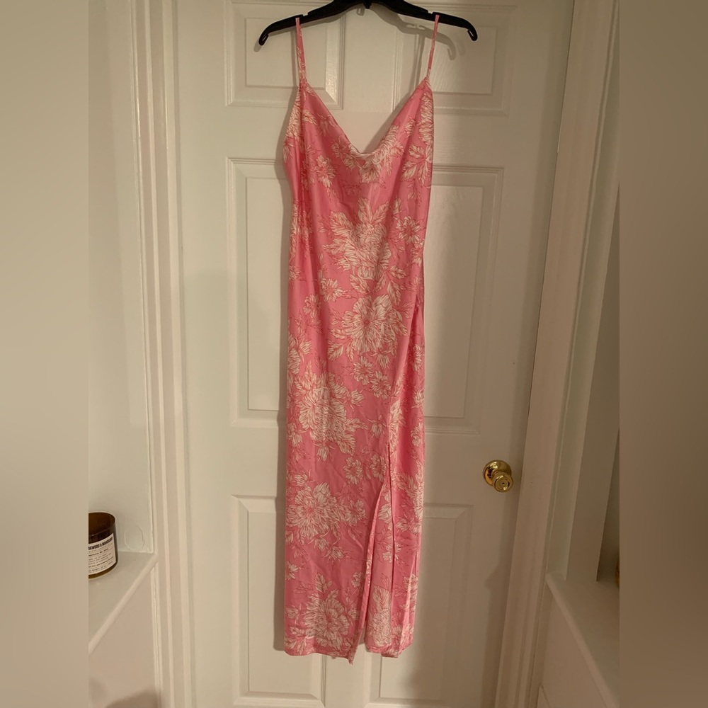 Paper Heart Pink Floral Satin Slip Dress – Women’s Spaghetti Strap Maxi Dress